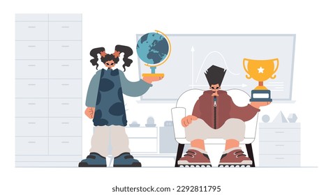 Individual and energized woman school instrument, considering preeminent school subjects. Trendy style, Vector Illustration