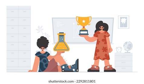 Individual and energized woman school instrument, considering preeminent school subjects. Trendy style, Vector Illustration