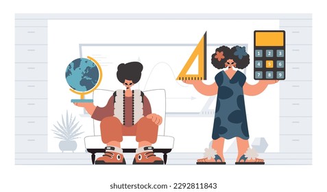 Individual and energized woman school understudies, analyzing to begin with school subjects. Trendy style, Vector Illustration