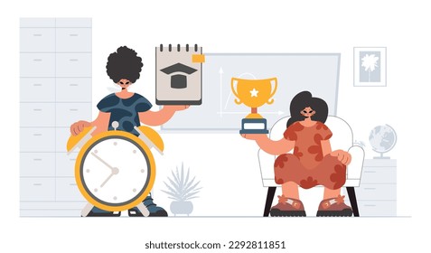 Individual and energized woman school understudies, analyzing to begin with school subjects. Trendy style, Vector Illustration