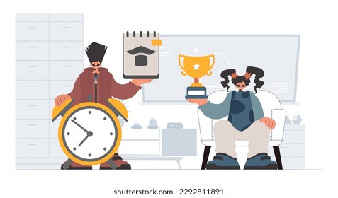 Individual and energized woman school understudies, analyzing to begin with school subjects. Trendy style, Vector Illustration