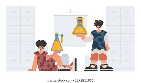Individual and energized woman school understudies, analyzing to begin with school subjects. Trendy style, Vector Illustration