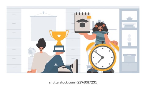 Individual and energized woman school understudies, analyzing to begin with school subjects. Trendy style, Vector Illustration