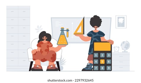 Individual and energized woman school understudies, analyzing to begin with school subjects. Trendy style, Vector Illustration