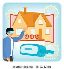 Individual engaging with a virtual house preview using advanced VR technology. Showcasing the role of technology in modern lifestyle viewing. Real estate listing services concept.