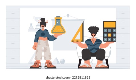 Individual and enthusiastic woman school instructs, considering foremost school subjects. Trendy style, Vector Illustration