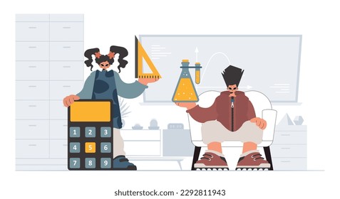 Individual and enthusiastic woman school understudies, analyzing foremost school subjects. Trendy style, Vector Illustration