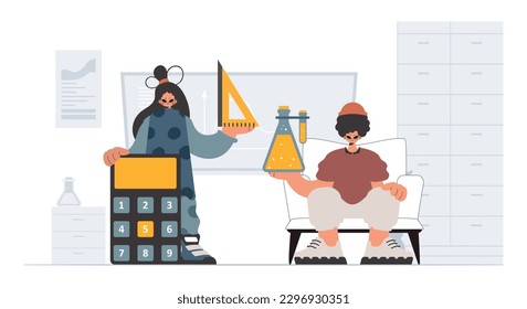 Individual and enthusiastic woman school understudies, analyzing to begin with school subjects. Trendy style, Vector Illustration
