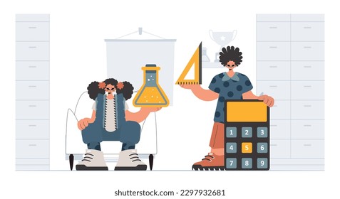 Individual and enthusiastic woman school understudies, analyzing to begin with school subjects. Trendy style, Vector Illustration