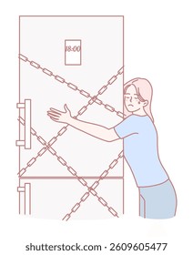 An individual faces the challenge of opening a door secured with a heavy chain, symbolizing lifes barriers
