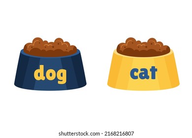 Cuencos individuales de alimentación con comida para perros y gatos. Ilustración vectorial de placas de alimentos para mascotas. Artículos para bocadillos animales domésticos sobre fondo blanco