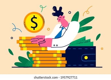 Individual financial goal concept. Man Office Businessman Standing on Coin Pile Showing Gold Dollar making Bank Investments or Refinancing. Vector Illustration