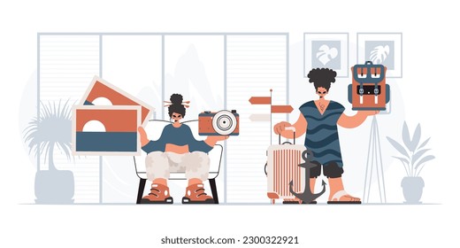 The individual and the flooding woman are going on a trip. The concept of rest and travel. Trendy style, Vector Illustration
