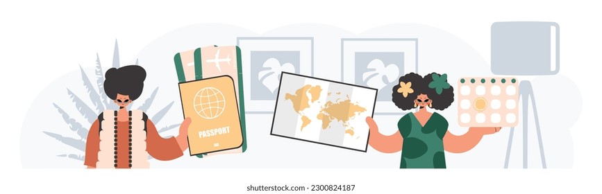 The individual and the flooding woman are going on a trip. The concept of rest and travel. Trendy style, Vector Illustration