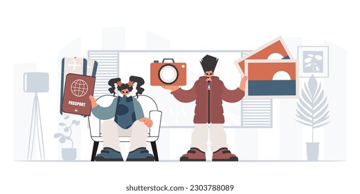 The individual and the flooding woman are going on a trip. The concept of rest and travel. Trendy style, Vector Illustration
