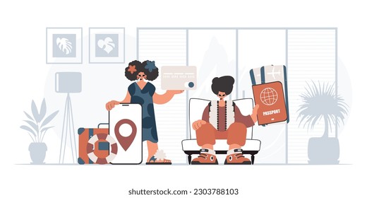 The individual and the flooding woman are going on a trip. The concept of rest and travel. Trendy style, Vector Illustration
