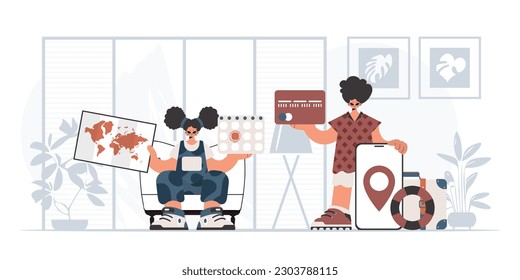 The individual and the flooding woman are going on a trip. The concept of rest and travel. Trendy style, Vector Illustration