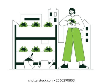 Individual is gardening in the middle of the city, harvesting lettuce growing abundantly from a plant rack, there is a bucket of fertilizer and watering the plants, urban farming vector illustration.