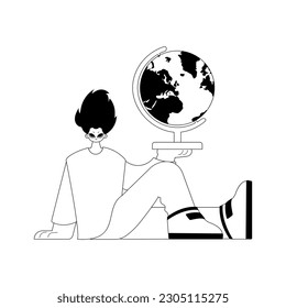 The individual with the globe. Learning subject. Dim and white line craftsmanship. Trendy style, Vector Illustration