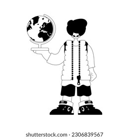 The individual with the globe. Learning subject. Dim and white line craftsmanship. Trendy style, Vector Illustration