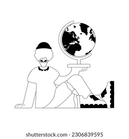 The individual with the globe. Learning subject. Dim and white line craftsmanship. Trendy style, Vector Illustration