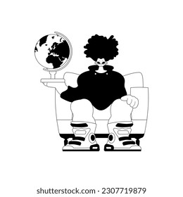 The individual with the globe. Learning subject. Dim and white line craftsmanship. Trendy style, Vector Illustration