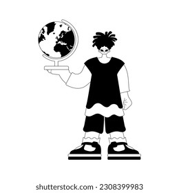 The individual with the globe. Learning subject. Dim and white line craftsmanship. Trendy style, Vector Illustration