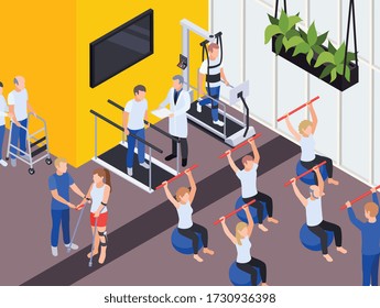 Individual and group functional rehabilitation exercise programs physiotherapy treatment session medical center interior isometric composition vector illustration