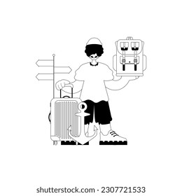 Individual With a guest rucksack in his hands. Tourism subject. Upsetting and white lineart. Trendy style, Vector Illustration