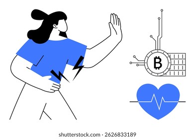 Individual with hand raised in defense. Blue heart with heartbeat symbol and Bitcoin circuit. Ideal for technology wellness finance digital stress cryptocurrency impact health. Line art style