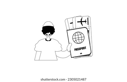 El individuo tiene una identificación completa con las entradas. Tema turístico. Artesanía de línea blanca y miserable. Estilo de moda, Ilustración vectorial