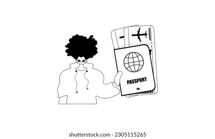 The individual is holding a all comprehensive id with see at tickets. Tourism subject. Sad and white line craftsmanship. Trendy style, Vector Illustration