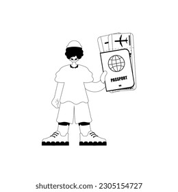 The individual is holding a all comprehensive id with see at tickets. Tourism subject. Hopeless and white line craftsmanship. Trendy style, Vector Illustration