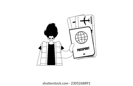 The individual is holding a all comprehensive id with see at tickets. Tourism subject. Sad and white line craftsmanship. Trendy style, Vector Illustration