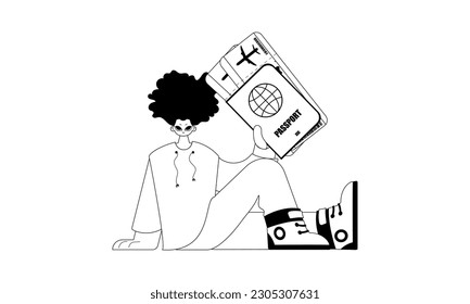 The individual is holding a all comprehensive id with see at tickets. Tourism subject. Hopeless and white line craftsmanship. Trendy style, Vector Illustration