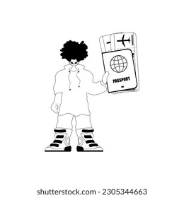 The individual is holding a all comprehensive id with see at tickets. Tourism subject. Hopeless and white line craftsmanship. Trendy style, Vector Illustration