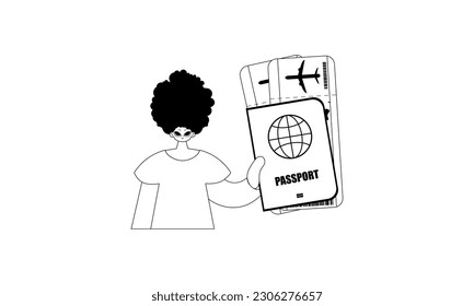 The individual is holding a all comprehensive id with see at tickets. Tourism subject. Forlorn and white line craftsmanship. Trendy style, Vector Illustration
