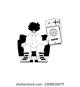 El individuo tiene una identificación completa con las entradas. Tema turístico. Artesanía sin esperanza y de línea blanca. Estilo de moda, Ilustración vectorial