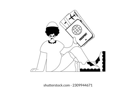 The individual is holding a all comprehensive id with see at tickets. Tourism subject. Hopeless and white line craftsmanship. Trendy style, Vector Illustration