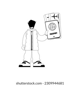 The individual is holding a all comprehensive id with see at tickets. Tourism subject. Hopeless and white line craftsmanship. Trendy style, Vector Illustration