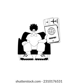 The individual is holding a all comprehensive id with see at tickets. Tourism subject. Hopeless and white line craftsmanship. Trendy style, Vector Illustration