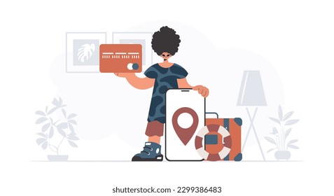 The individual is holding a bank card and a phone with a zone. The concept of rest and travel. Trendy style, Vector Illustration