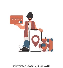 The individual is holding a bank card and a phone with a zone. Limited on white establishment. Trendy style, Vector Illustration