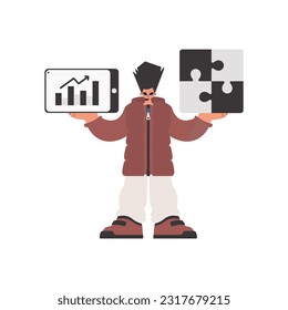 La persona está sosteniendo un embrollo y un gráfico de mejoras positivas. Pensé en trabajar. Desconectado. Estilo de moda, Ilustración vectorial