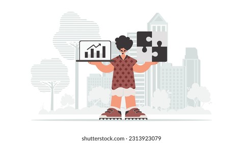 El individuo tiene un cuadro de progreso más desconcertante y positivo. Creo que juntar trabajo. Estilo de moda, Ilustración vectorial