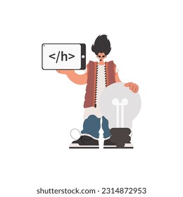The individual is holding a browser window with a programming picture, and to boot standing near a colossal light bulb. Compelled on white establishment. Trendy style, Vector Illustration