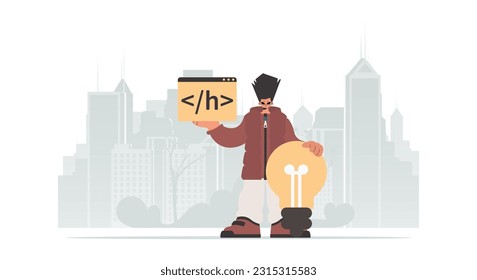 The individual is holding a browser window with a programming picture, and to boot standing near a colossal light bulb. Trendy style, Vector Illustration