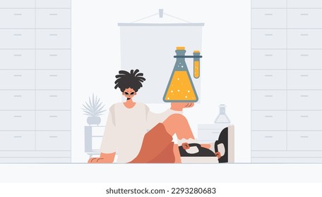 Individual holding chemical carafe, learning subject. Trendy style, Vector Illustration
