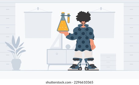 Individual holding chemical carafe, learning subject. Trendy style, Vector Illustration