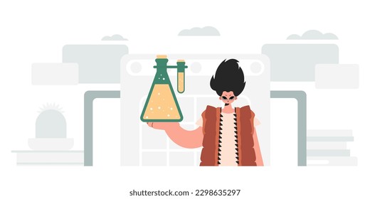 Individual holding chemical carafe, learning subject. Trendy style, Vector Illustration